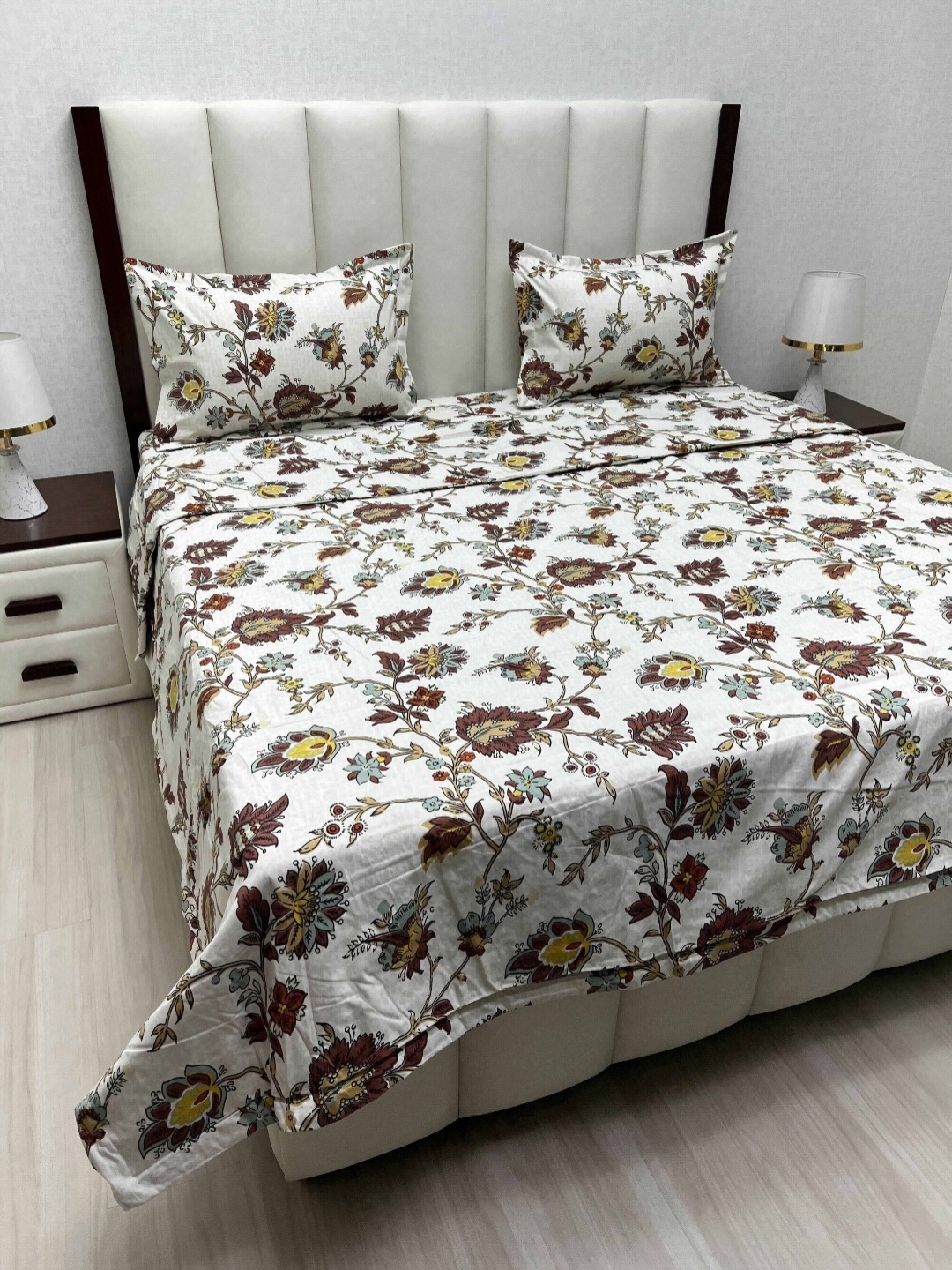 

Pure Decor White & Brown Printed Polycotton Double King Superfine Bedding Set