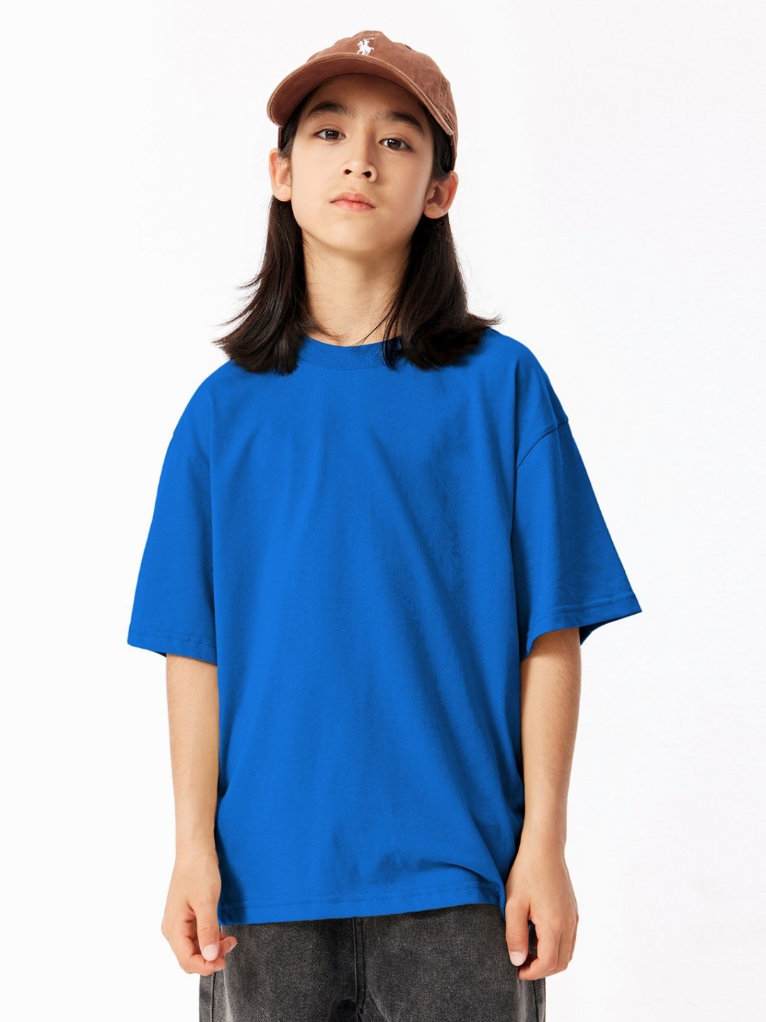 

LULU & SKY Girls Solid Round Neck Cotton Oversized T-shirt, Navy blue