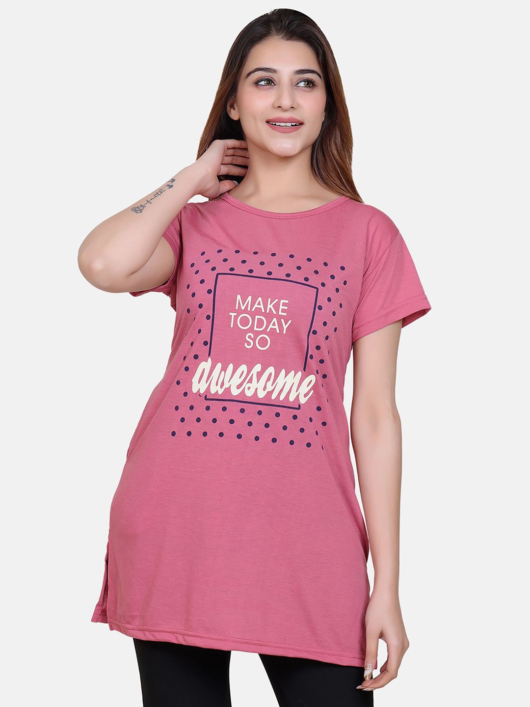 

Divine Girl Graphic Printed Cotton Longline T-Shirt, Pink
