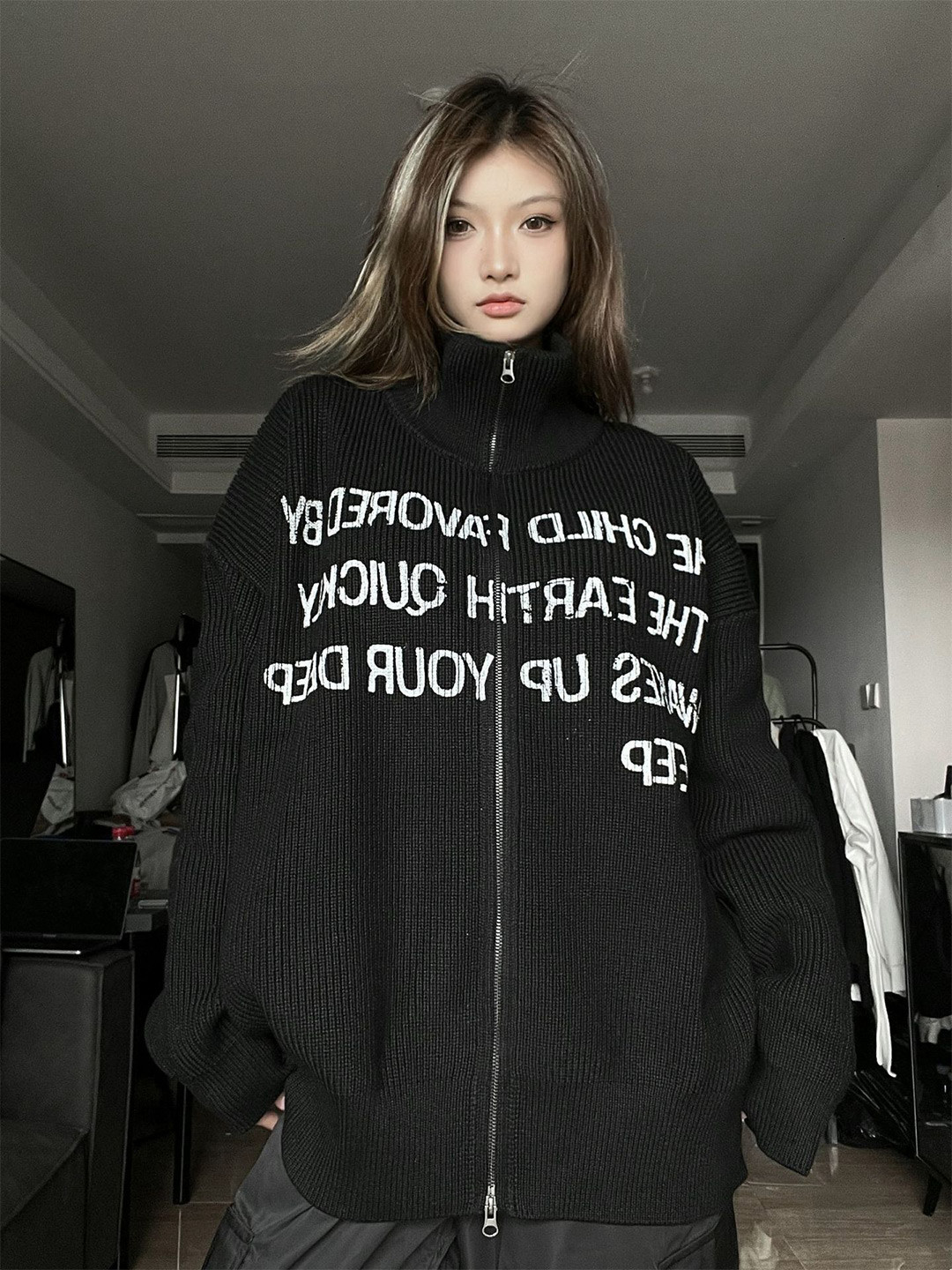 

DressBerry Women Typography Printed Front Open Sweater, Black