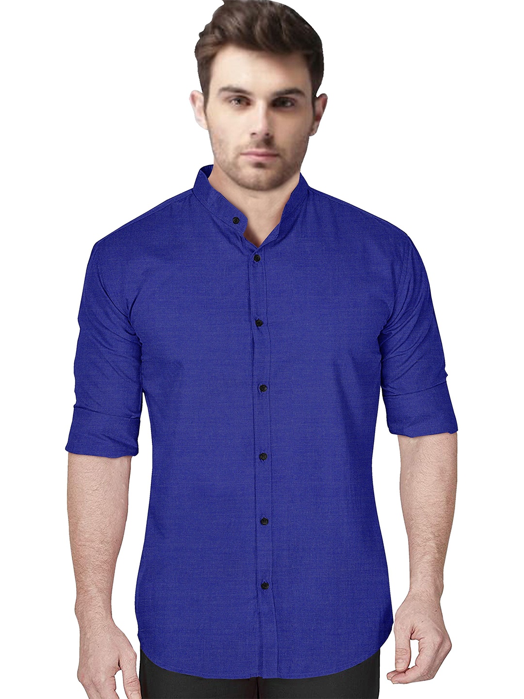 

Metronaut Men Regular Fit Band Collar Solid Cotton Casual Shirt, Navy blue