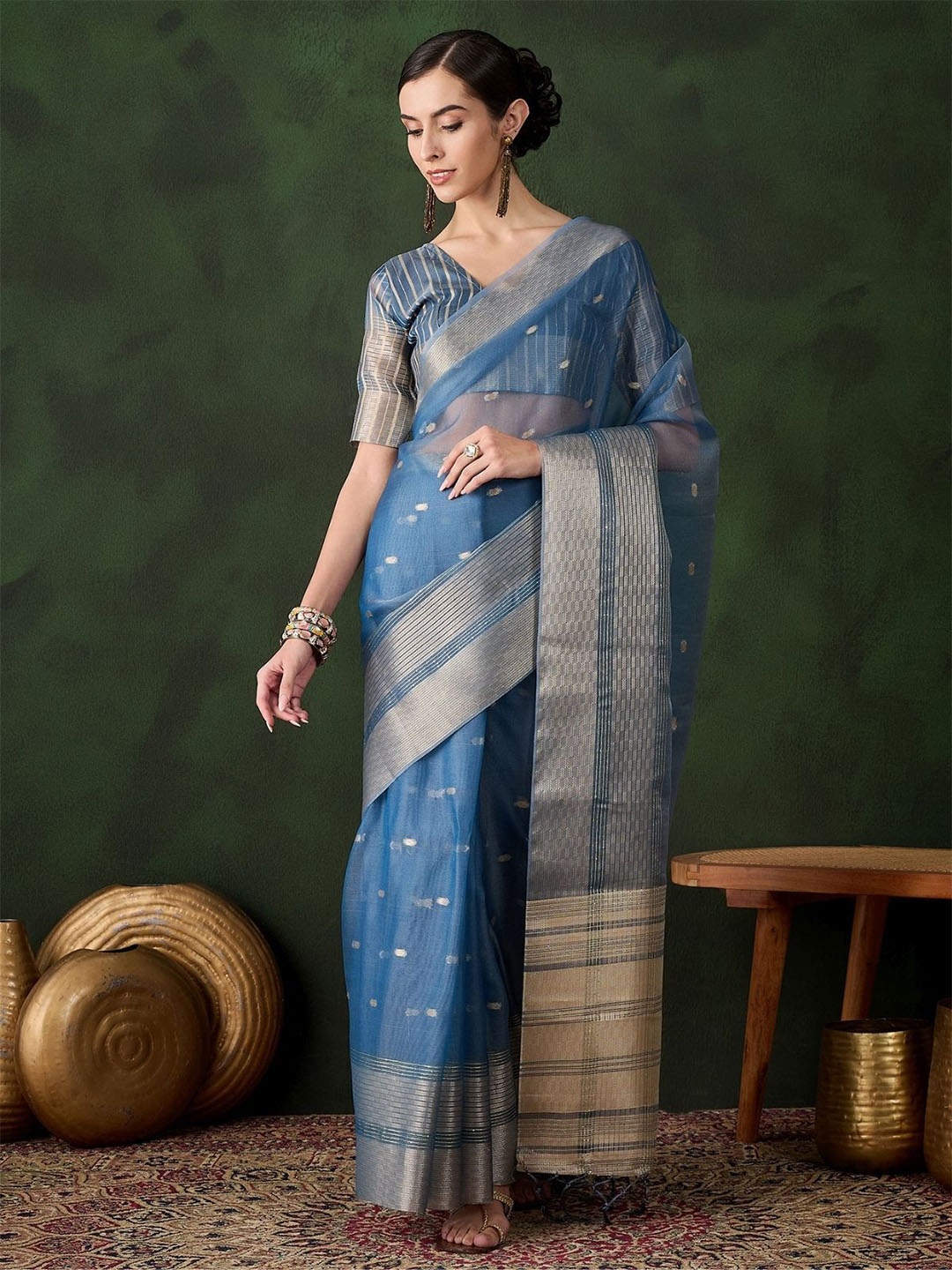 

ODETTE Blue Organza Woven Saree With Unstitched Blouse For Women