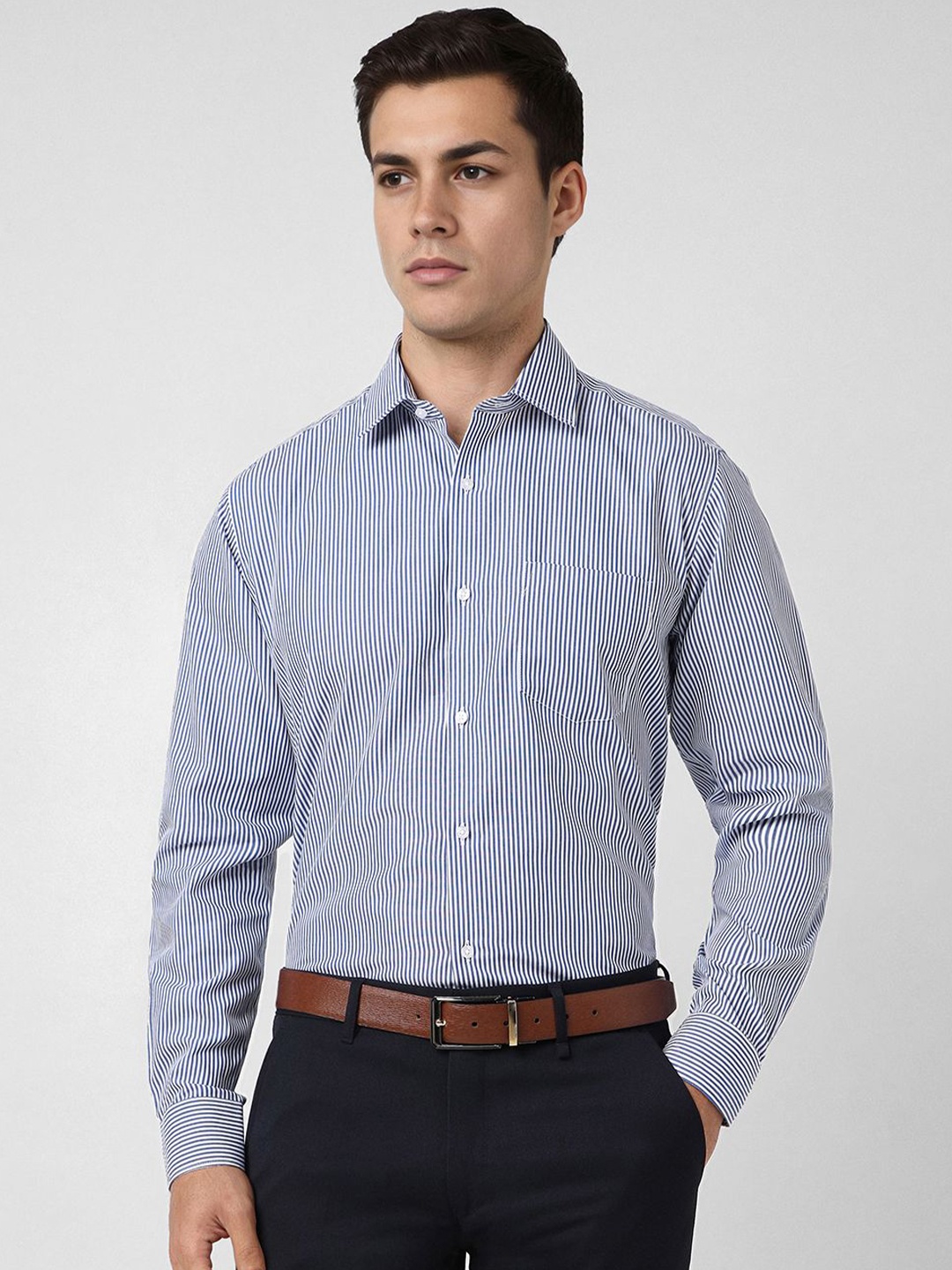 

Van Heusen Men Regular Fit Spread Collar Vertical Striped Cotton Formal Shirt, Blue