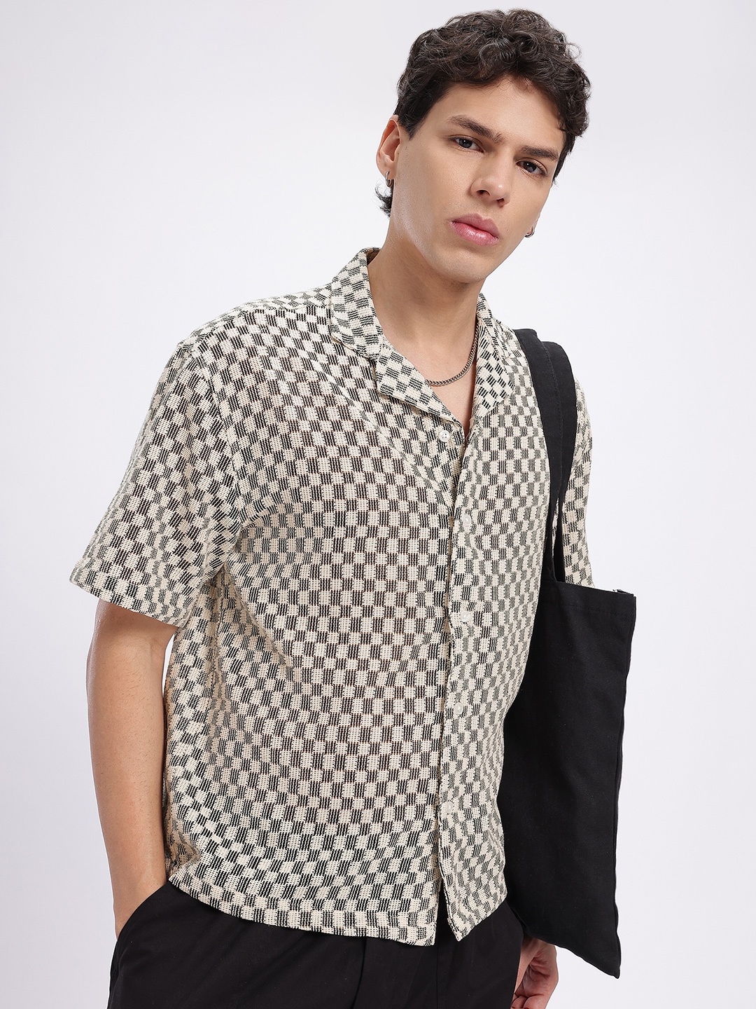 

glitchez Roaming Styles Checked Self-Design Regular Shirt, Beige