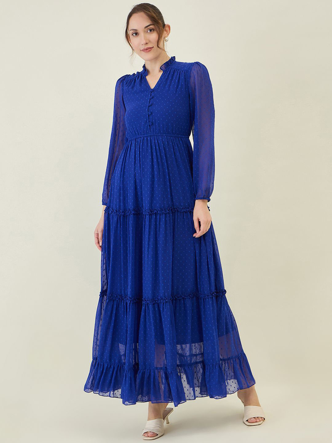 

aayu Women Self Design Puff Sleeve Layered Georgette Maxi Dress, Blue