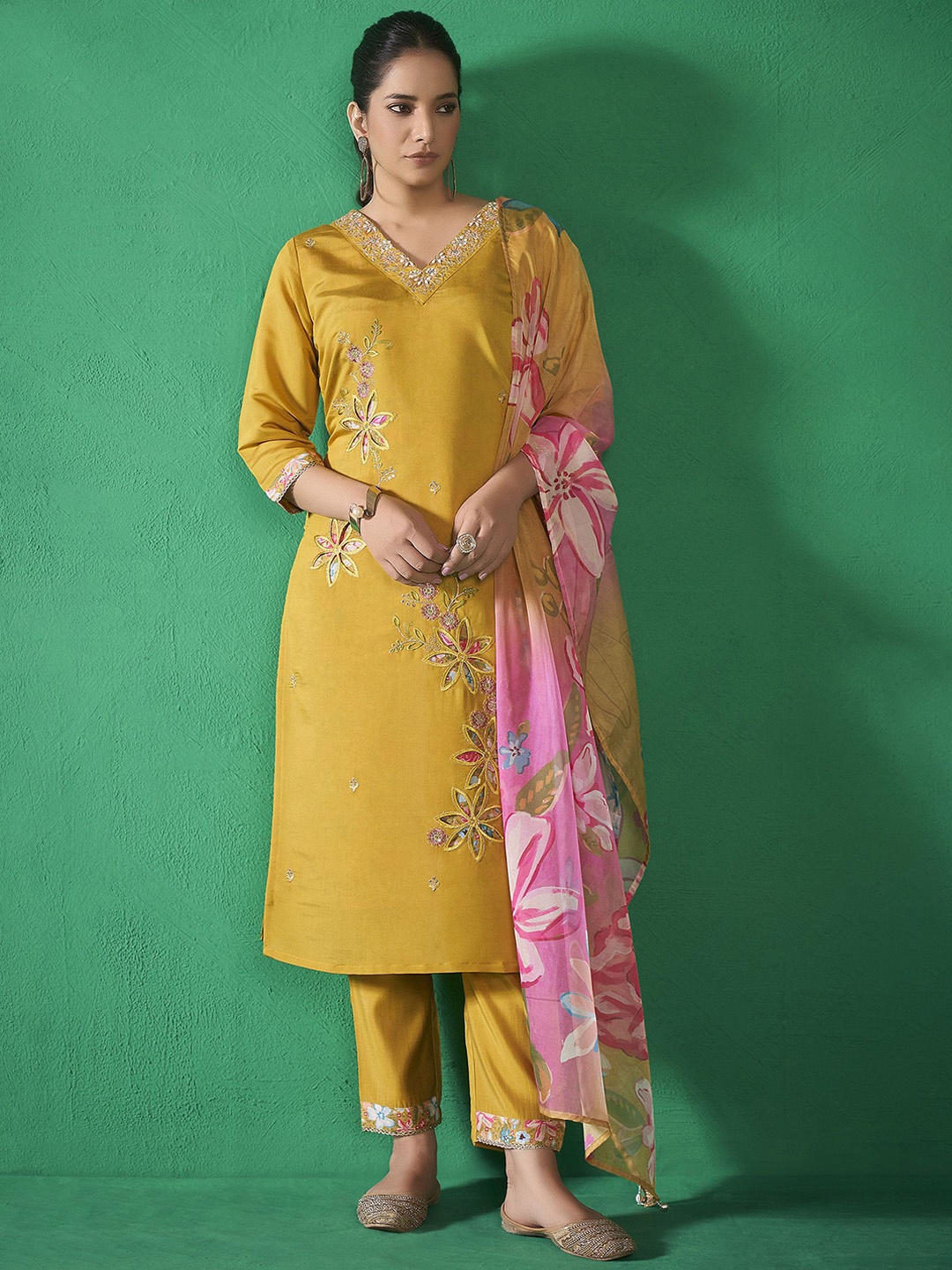 

Anouk Mustard Floral Beads And Stones V-Neck Kurta With Trousers & Dupatta