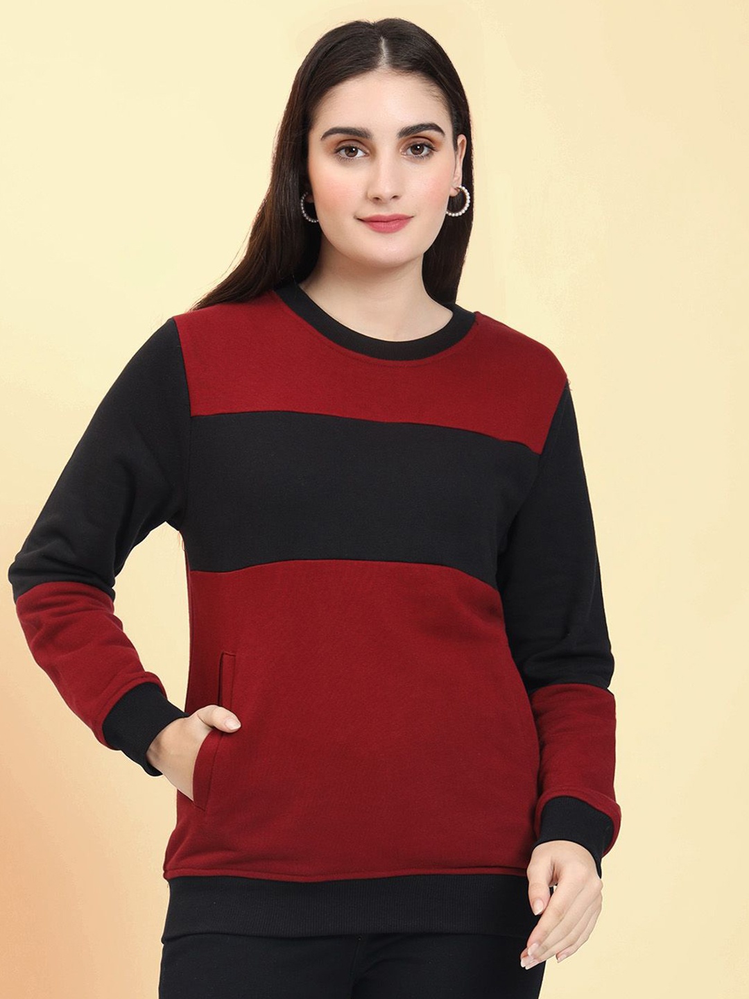 

CHARMGAL Women Colourblocked Pullover Cotton Sweatshirt, Maroon