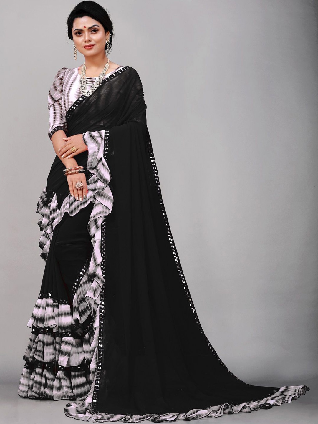 

Moda Rapido Mirror Work Pure Georgette Leheriya Saree, Black