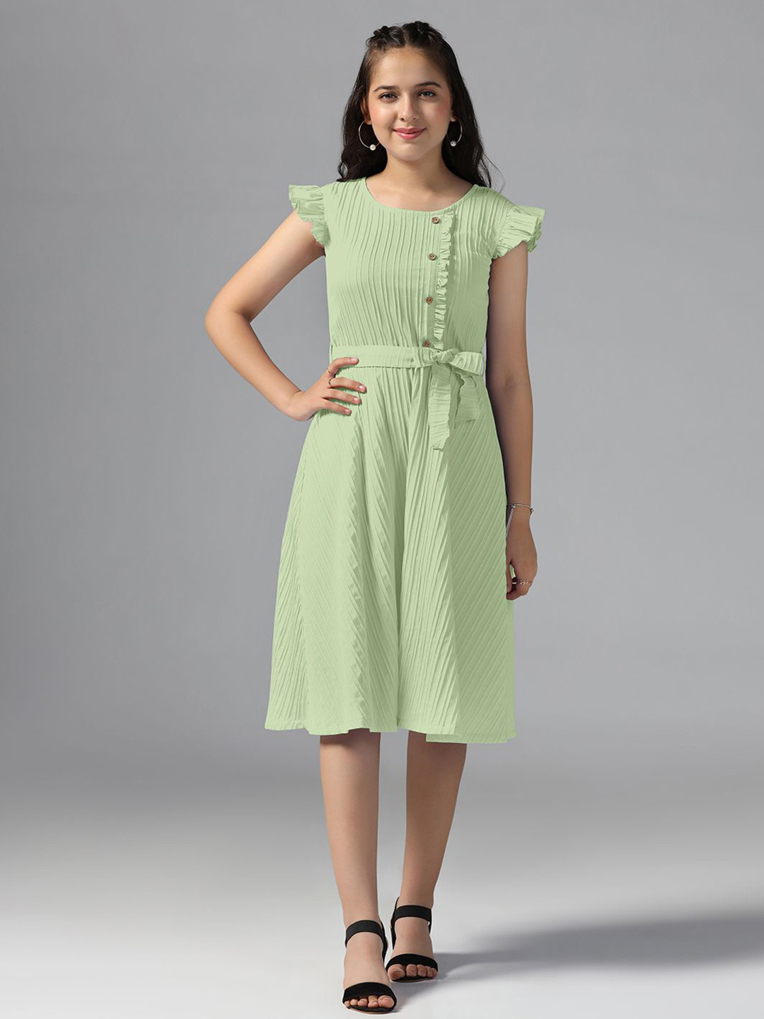 

YK Girl Flutter Sleeves Fit & Flare Dress, Green