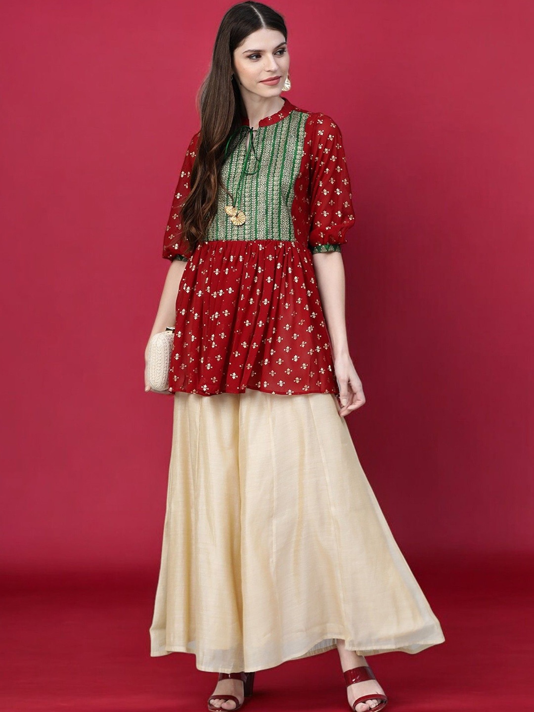 

Ahalyaa Mandarin Collar Printed Ethnic Tunic, Maroon