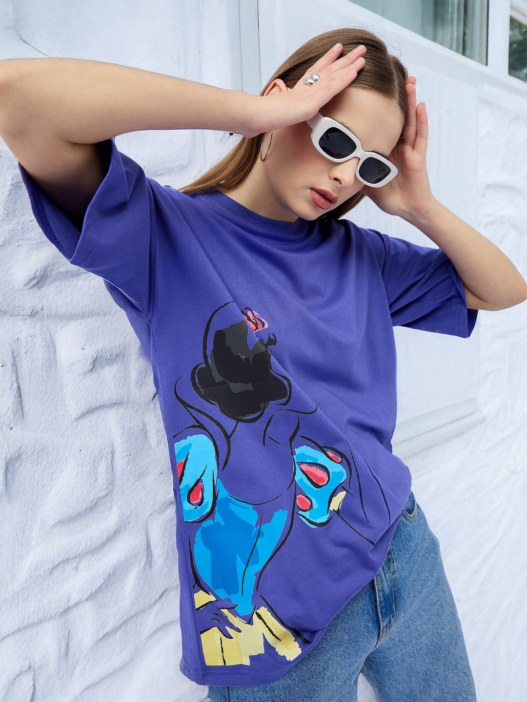 

DressBerry Women Graphic Printed Round Neck Cotton Oversized T-shirt, Purple