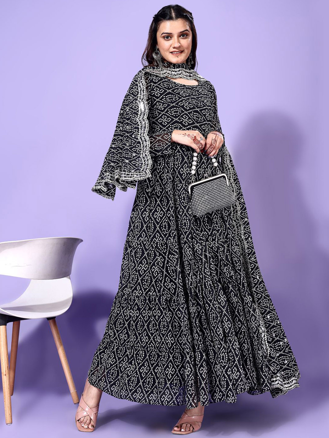 

Ethnic Yard Bandhani Printed Round Neck Anarkali Kurta With Trouser And Dupatta, Black