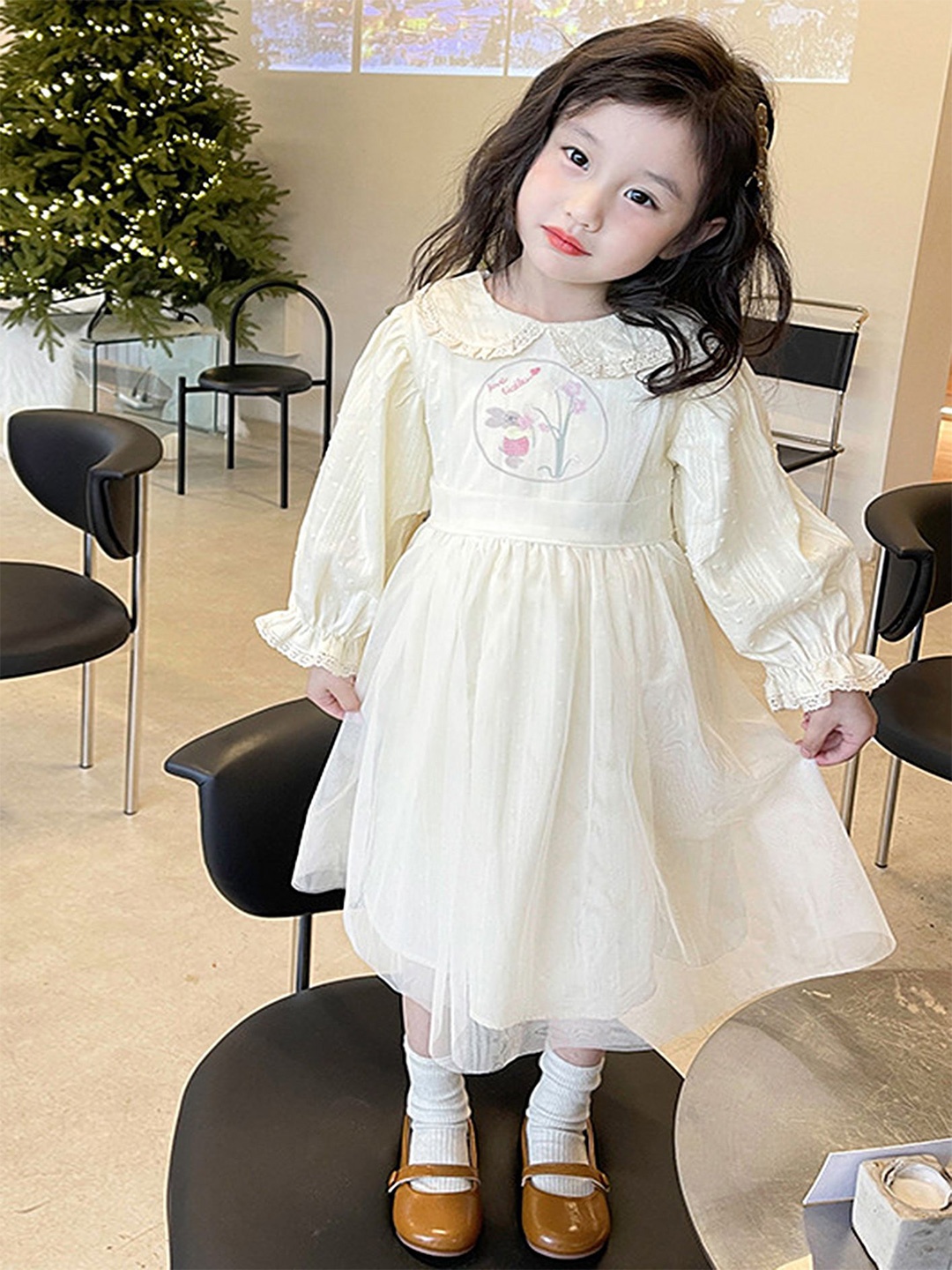 

LULU & SKY Floral Puff Sleeve Fit & Flare Dress, Beige