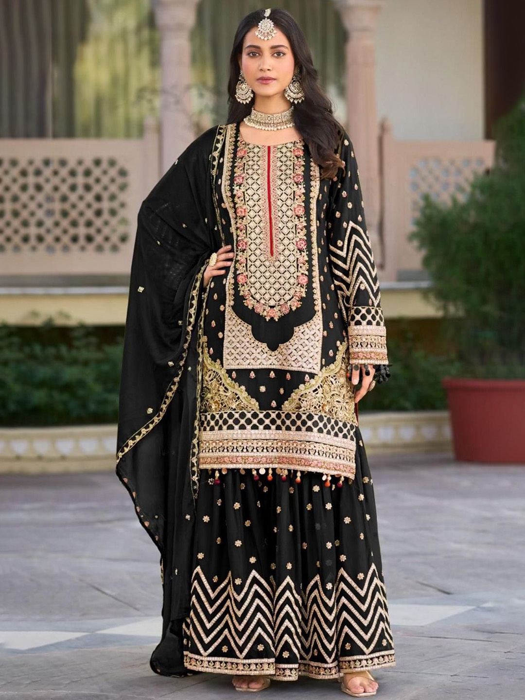 

ZIBLON Floral Embroidered Sequinned Georgette Pakistani Style Kurta With Sharara & Dupatta, Black