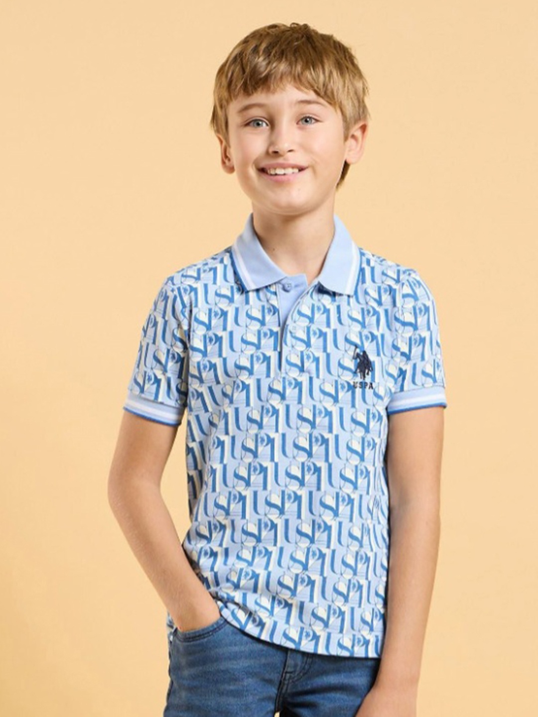 

U.S. Polo Assn. Kids Boys Typography Printed Polo Collar Cotton T-shirt, Blue