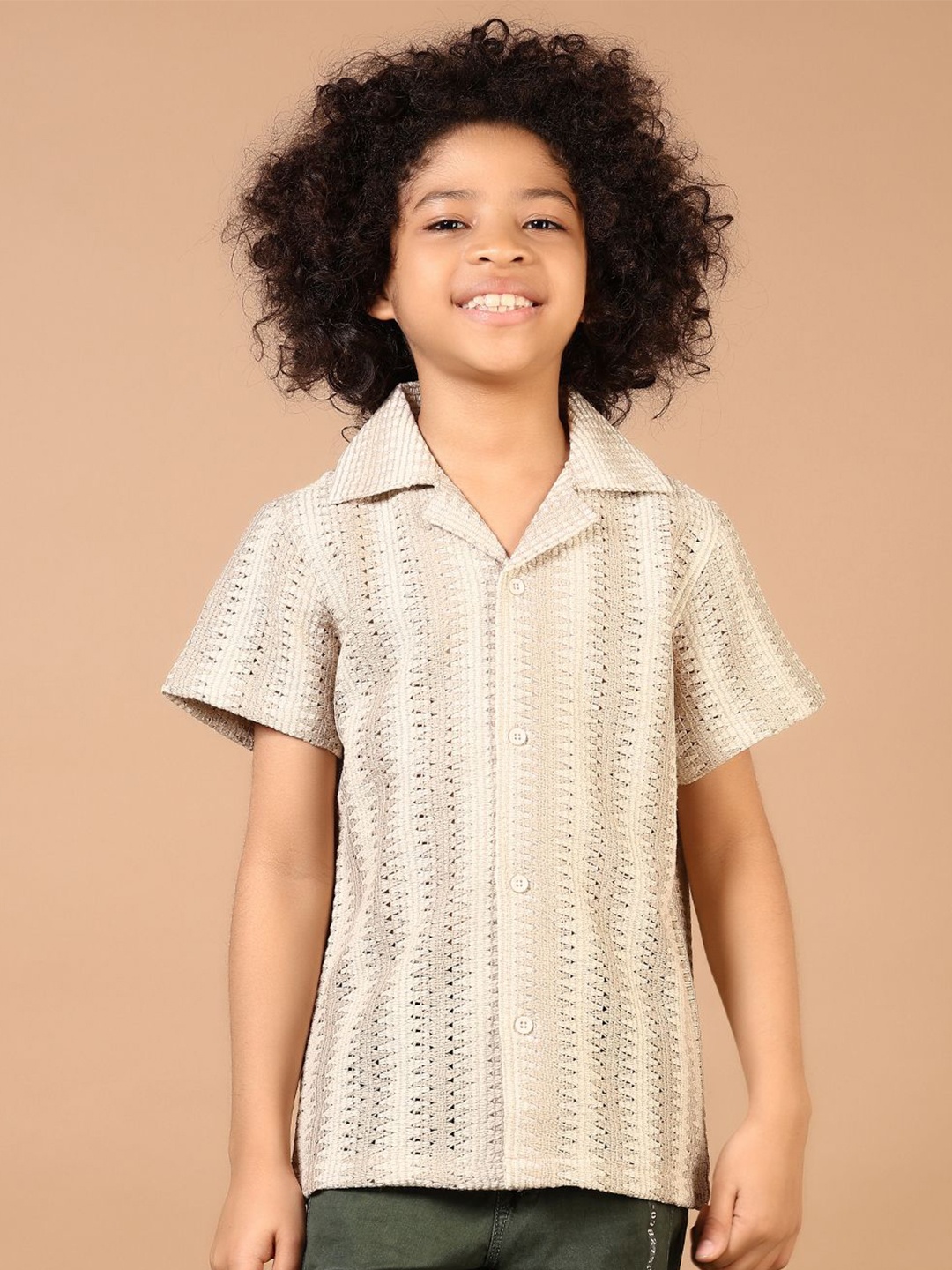 

V-Mart Boys Cuban Collar Textured Cotton Casual Shirt, Beige