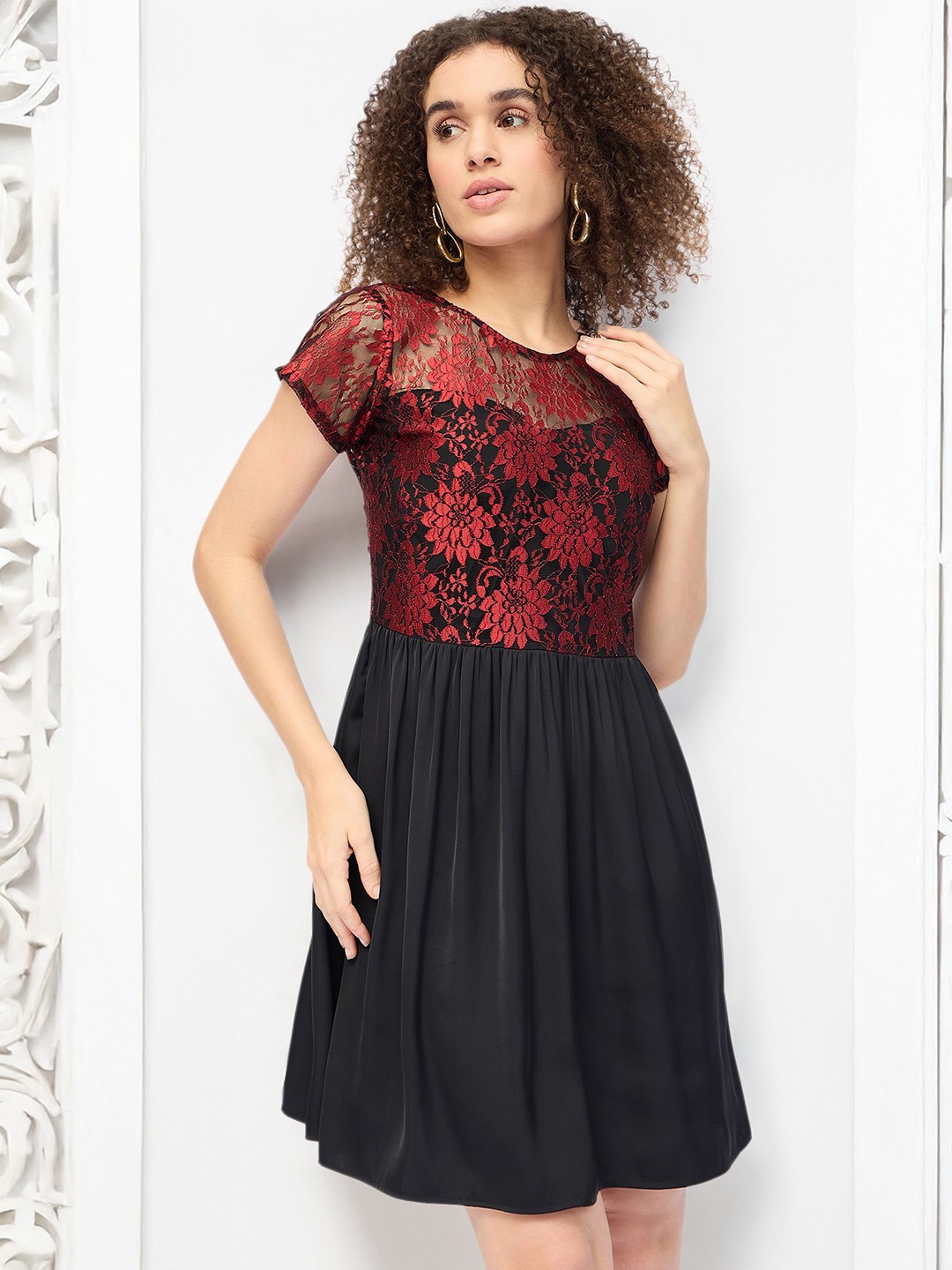 

DressBerry Floral Print Satin Fit & Flare Dress, Black
