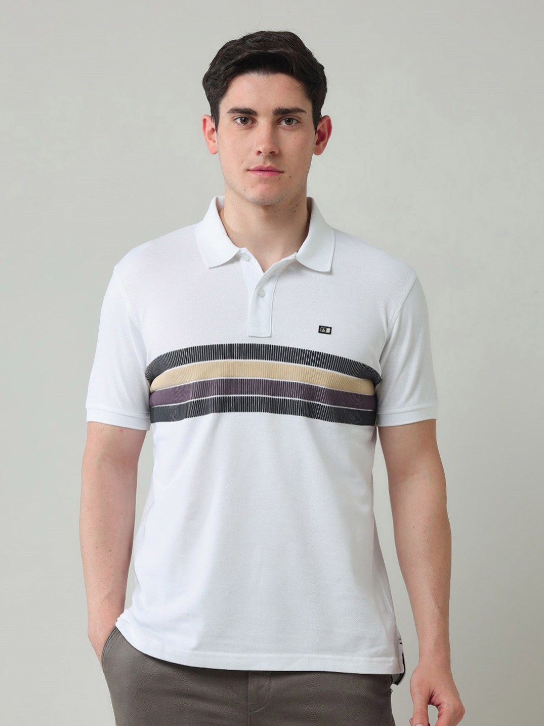 

Arrow Sport Men Brand Logo Striped Polo Collar Pockets T-shirt, White