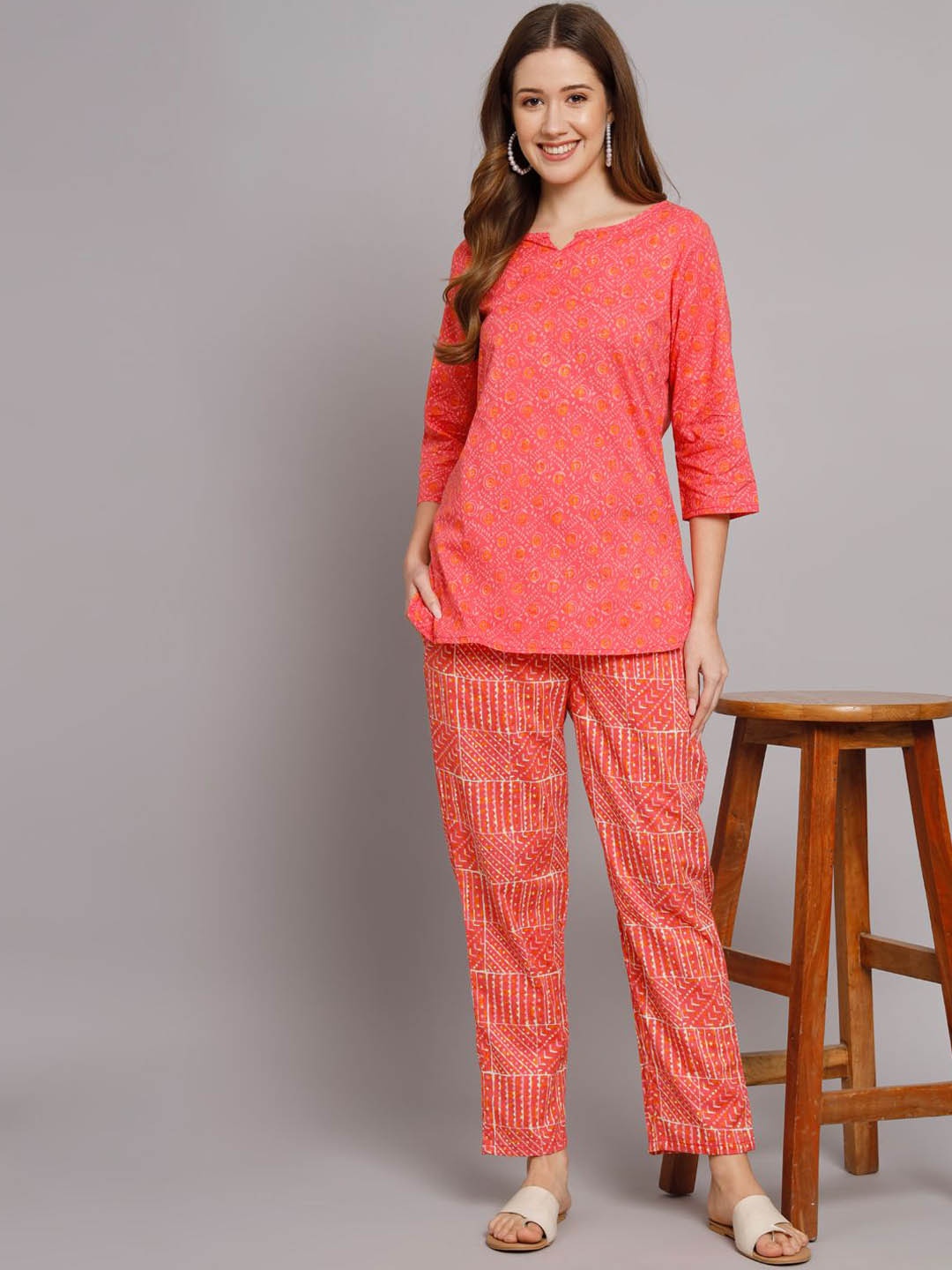 

COTNUF Printed Pure Cotton Top With Trouser Co-Ords, Pink