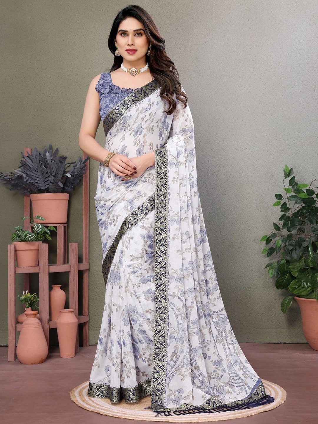 

KALINI Floral Zari Poly Georgette Saree, Grey