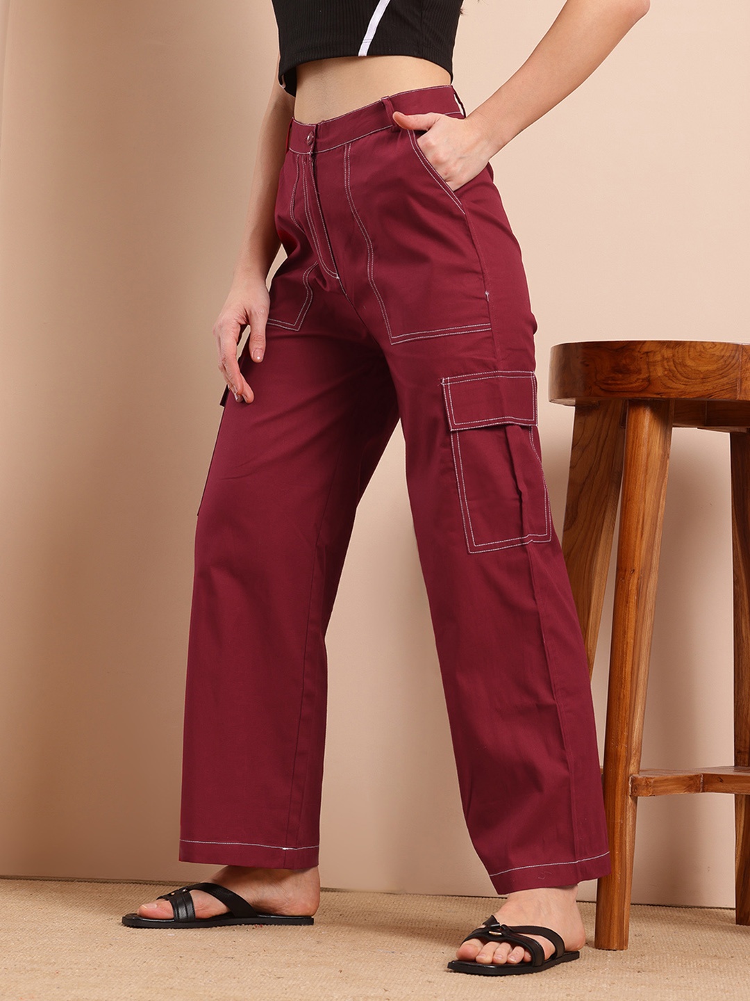 

Mast & Harbour Women Mid-Rise Flared Fit Cargo-Style Wide-Leg Trousers, Red