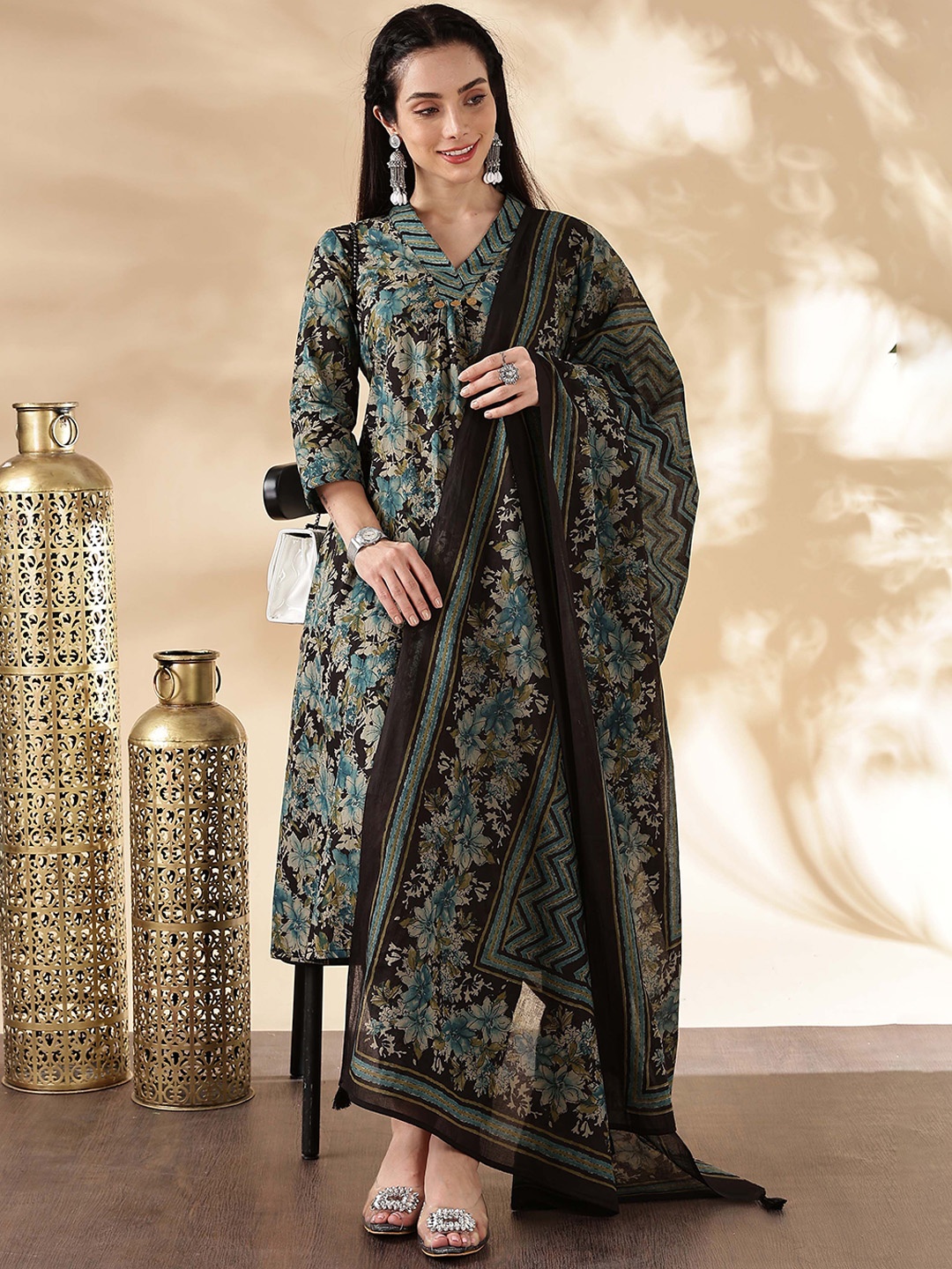 

Anouk Grey Melange Floral Printed V-Neck Pleated Pure Cotton Kurta with Trouser & Dupatta