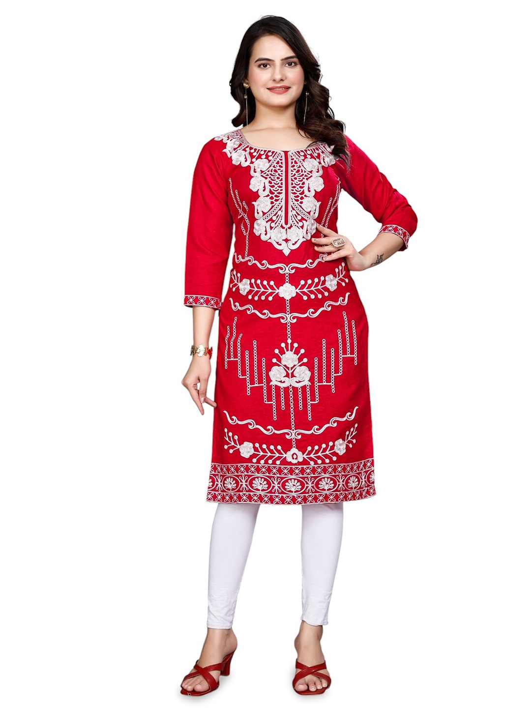 

SPECKLESS Floral Embroidered Cotton Straight Kurta, Red