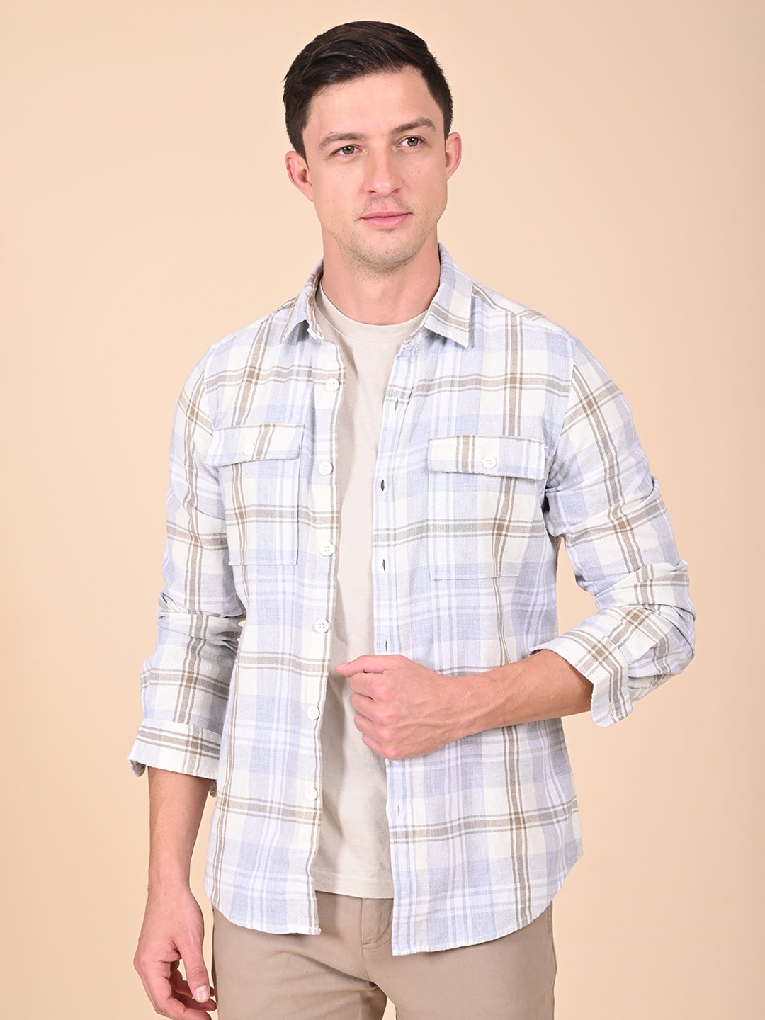 

POE Men Spread Collar Checked Cotton Casual Shirt, White