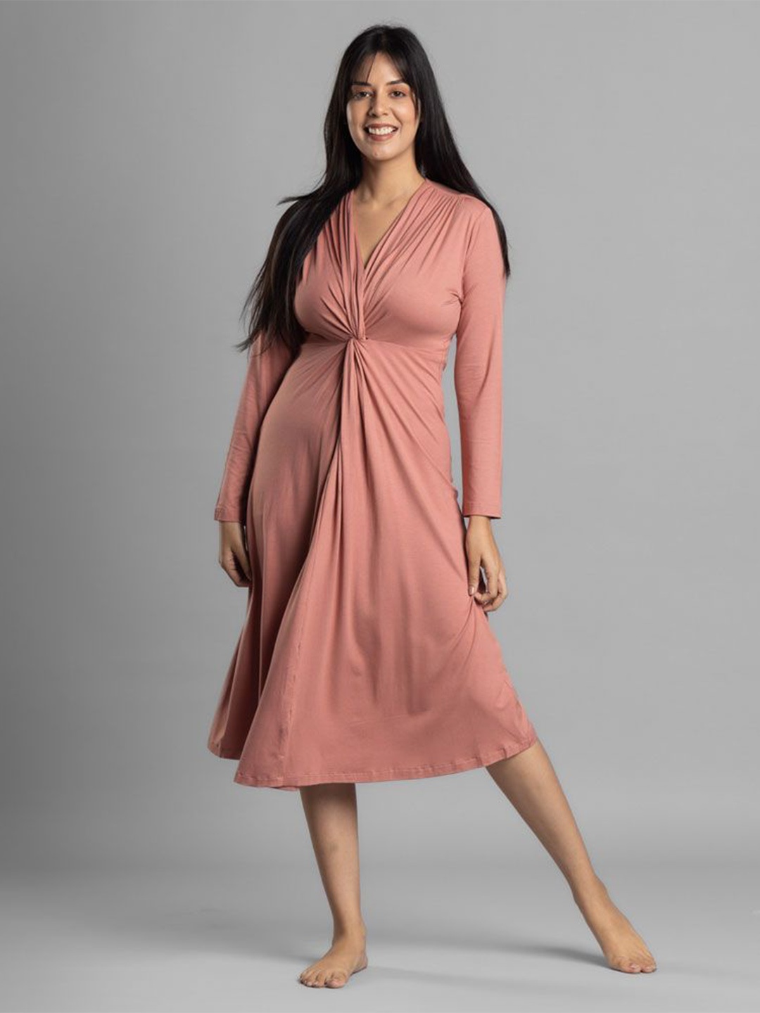 

Block Hop Women Old Rose Knotted Maternity A-Line Dress, Rose gold