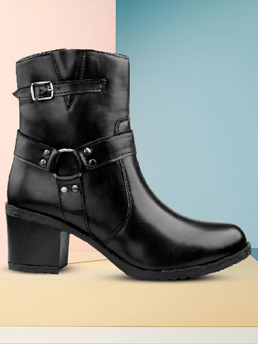 

Bxxy Women Classic High Ankle Zipper Boots with Ring Design, Black