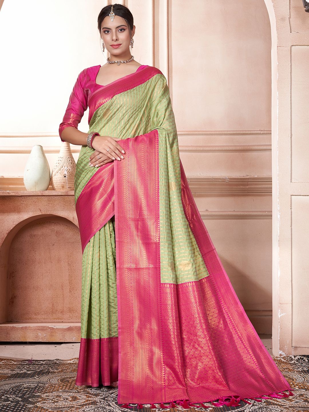 

LeeliPeeri Designer Ethnic Motifs Zari Silk Blend Designer Kanjeevaram Saree, Lime green