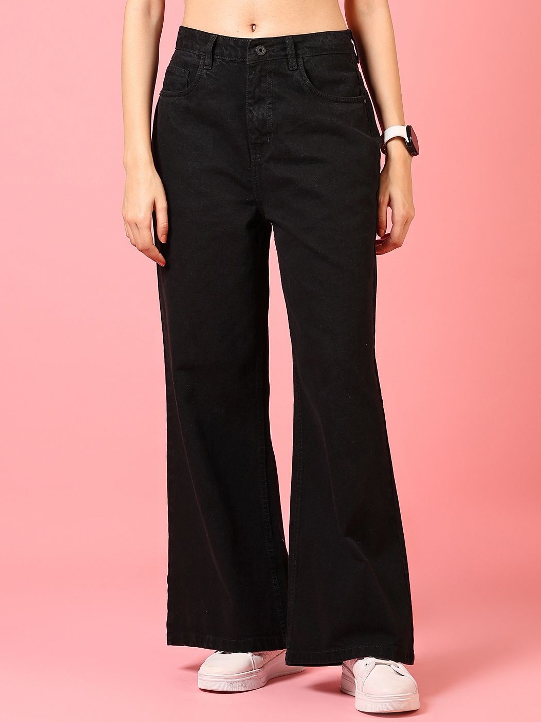 

V-Mart Women Wide Leg Mid-Rise Cotton Jeans, Black