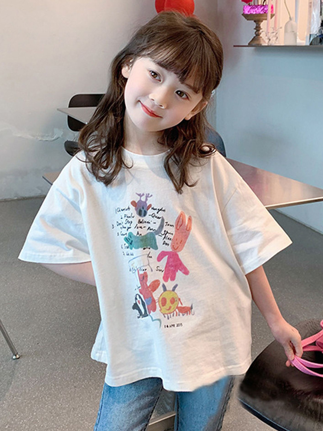 

LULU & SKY Girls Graphic Printed Round Neck Cotton Oversized T-shirt, White