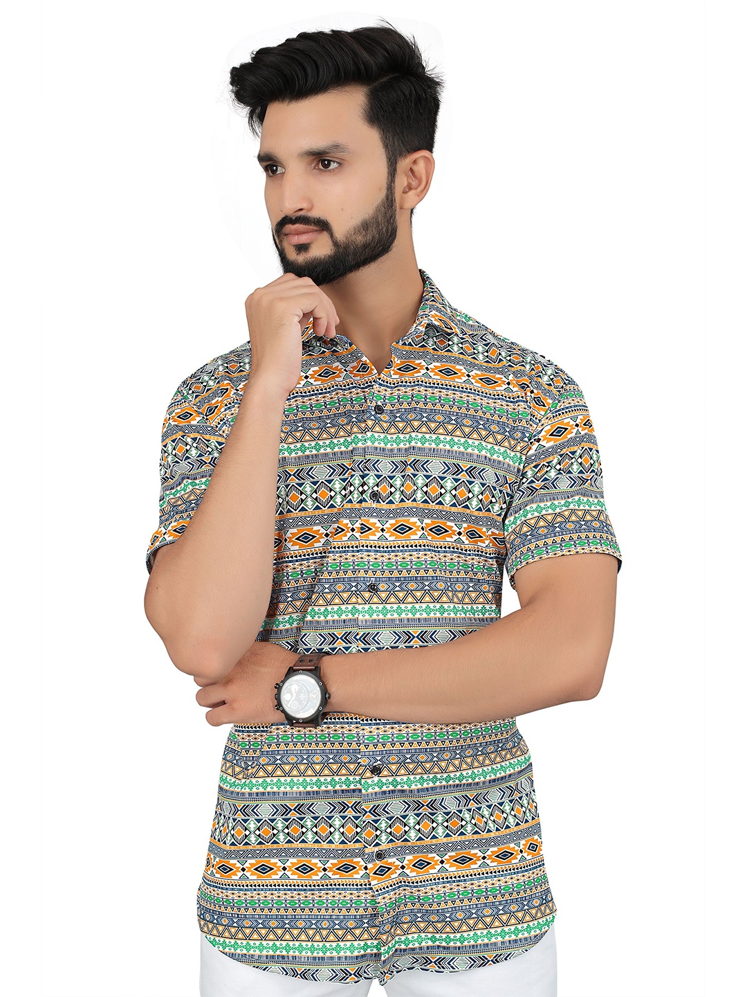 

iCome Men Spread Collar Geometric Printed Casual Shirt, Blue