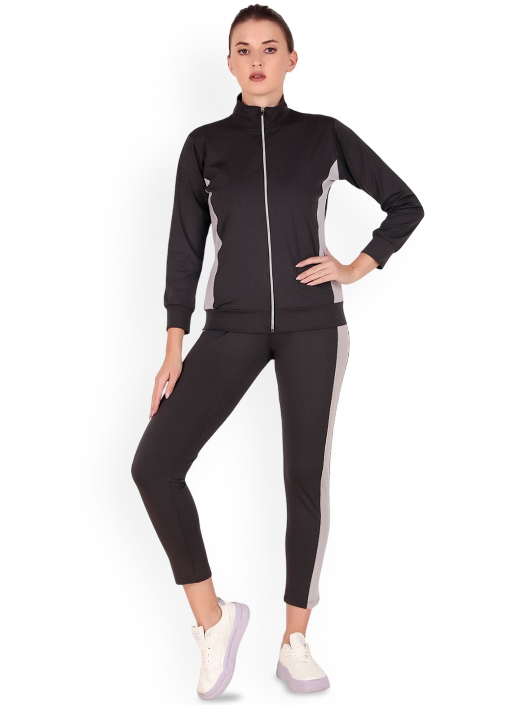 

BENZOS Women Colour-Blocked Mid-Rise Tracksuits, Black
