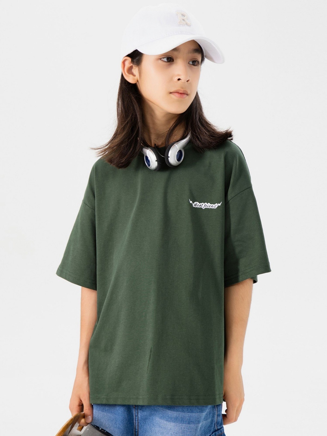 

LULU & SKY Girls Typography Printed Round Neck Cotton Oversized T-shirt, Green