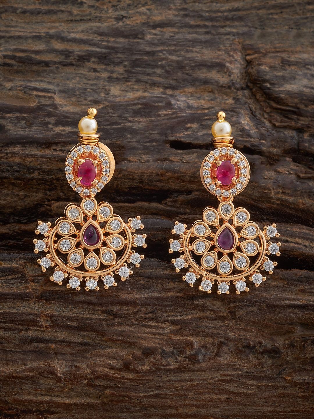 

Kushal's Fashion Jewellery Gold-Plated Floral Zircon Studded Drop Earrings