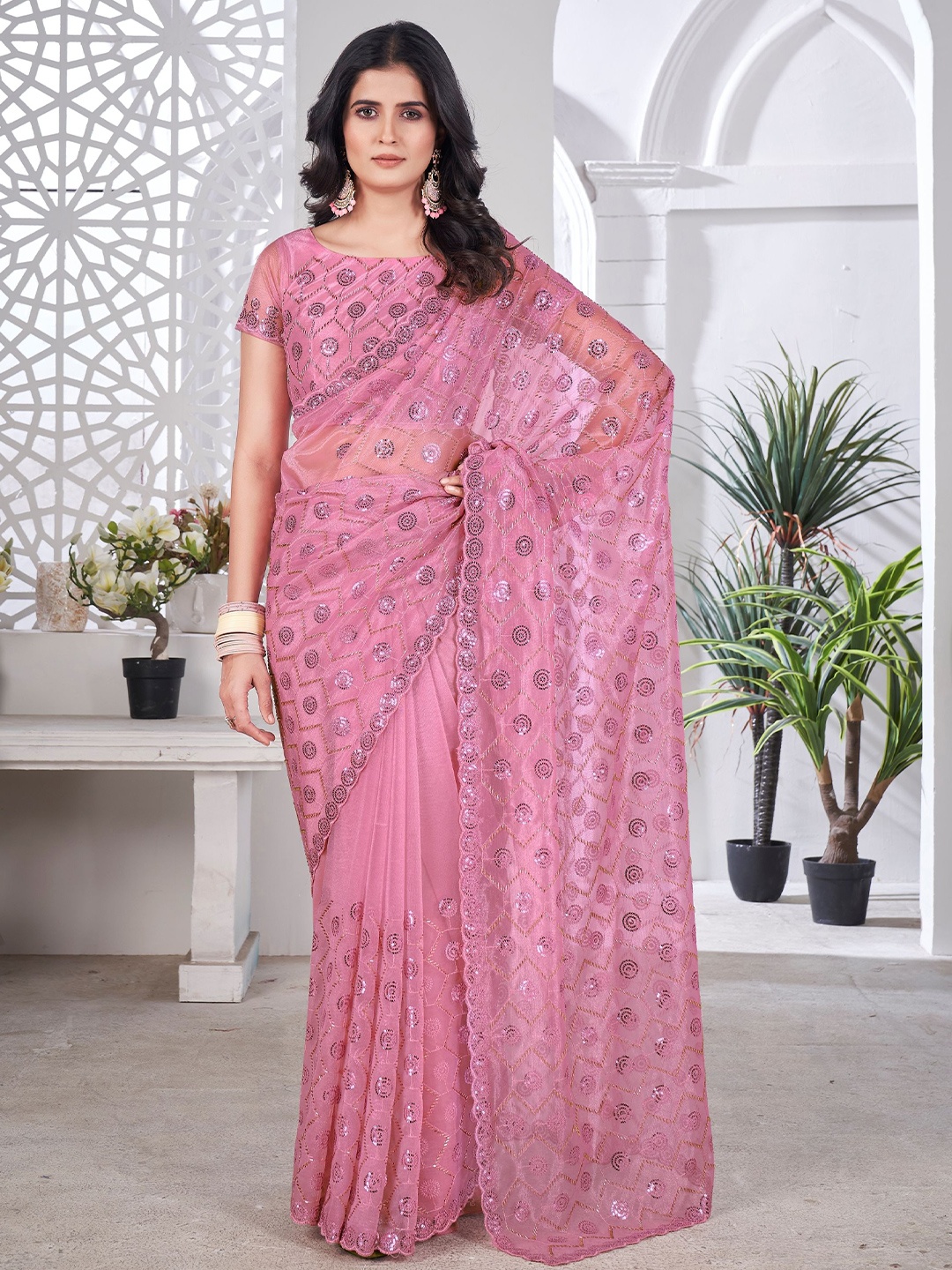 

Vintro Embellished Sequinned Tissue Saree, Pink