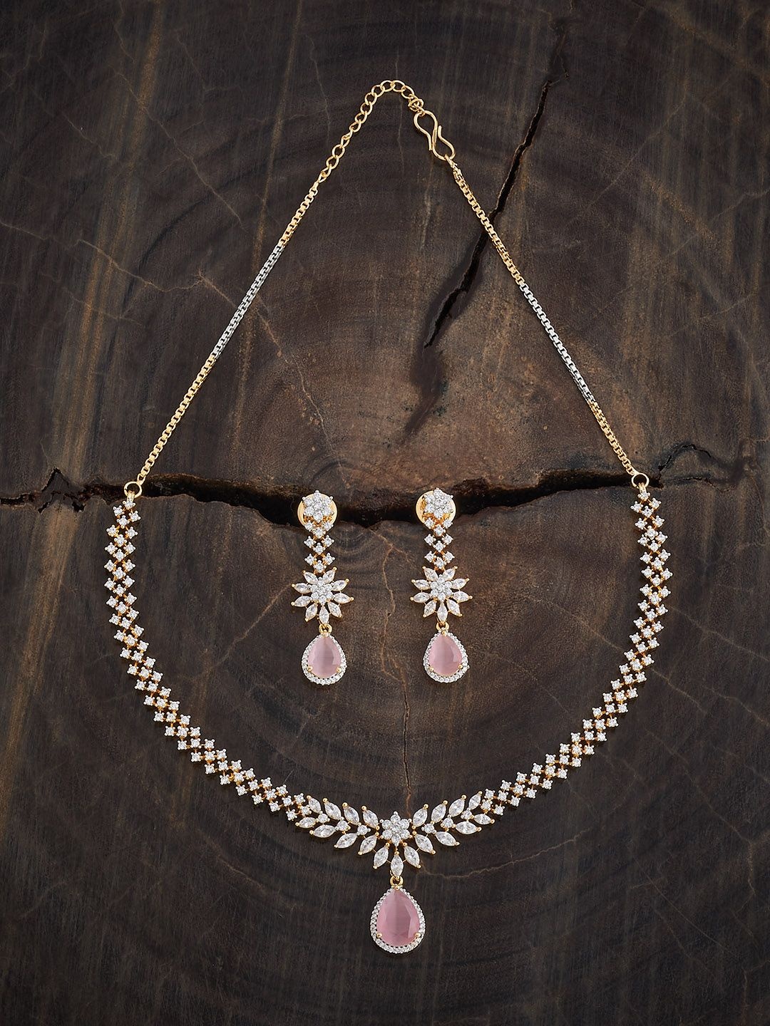 

Kushal's Fashion Jewellery Pink Rhodium Gold-Plated CZ Studded Party Jewellery Set