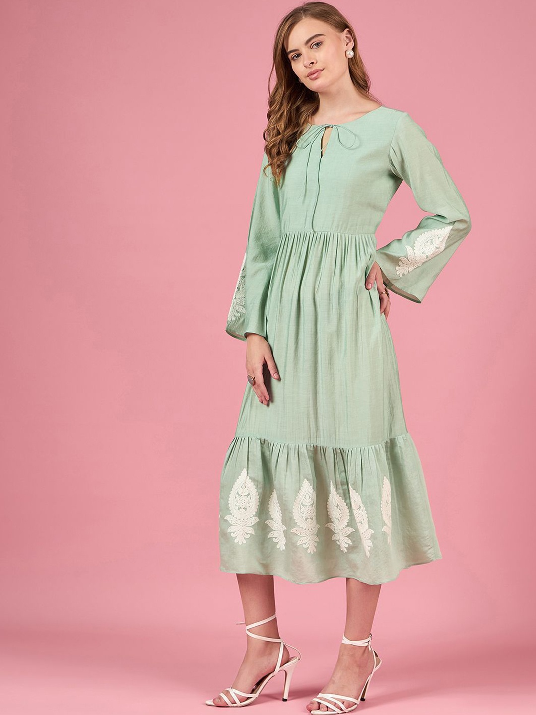 

all about you Bohemian Embroidered Bell Sleeve Fit & Flare Midi Dress, Green