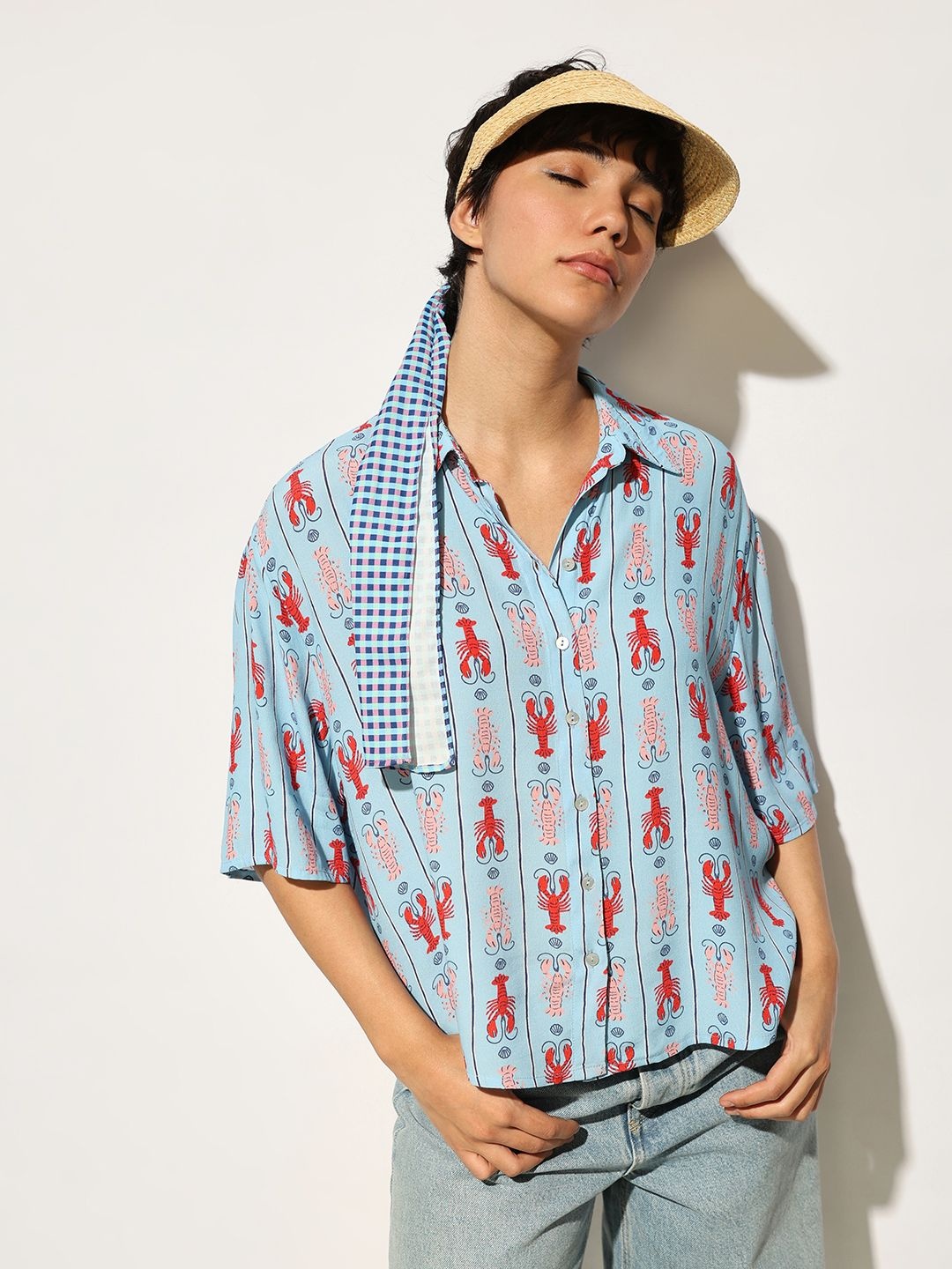 

ONLY Women Spread Collar Conversational Printed Casual Shirt, Blue