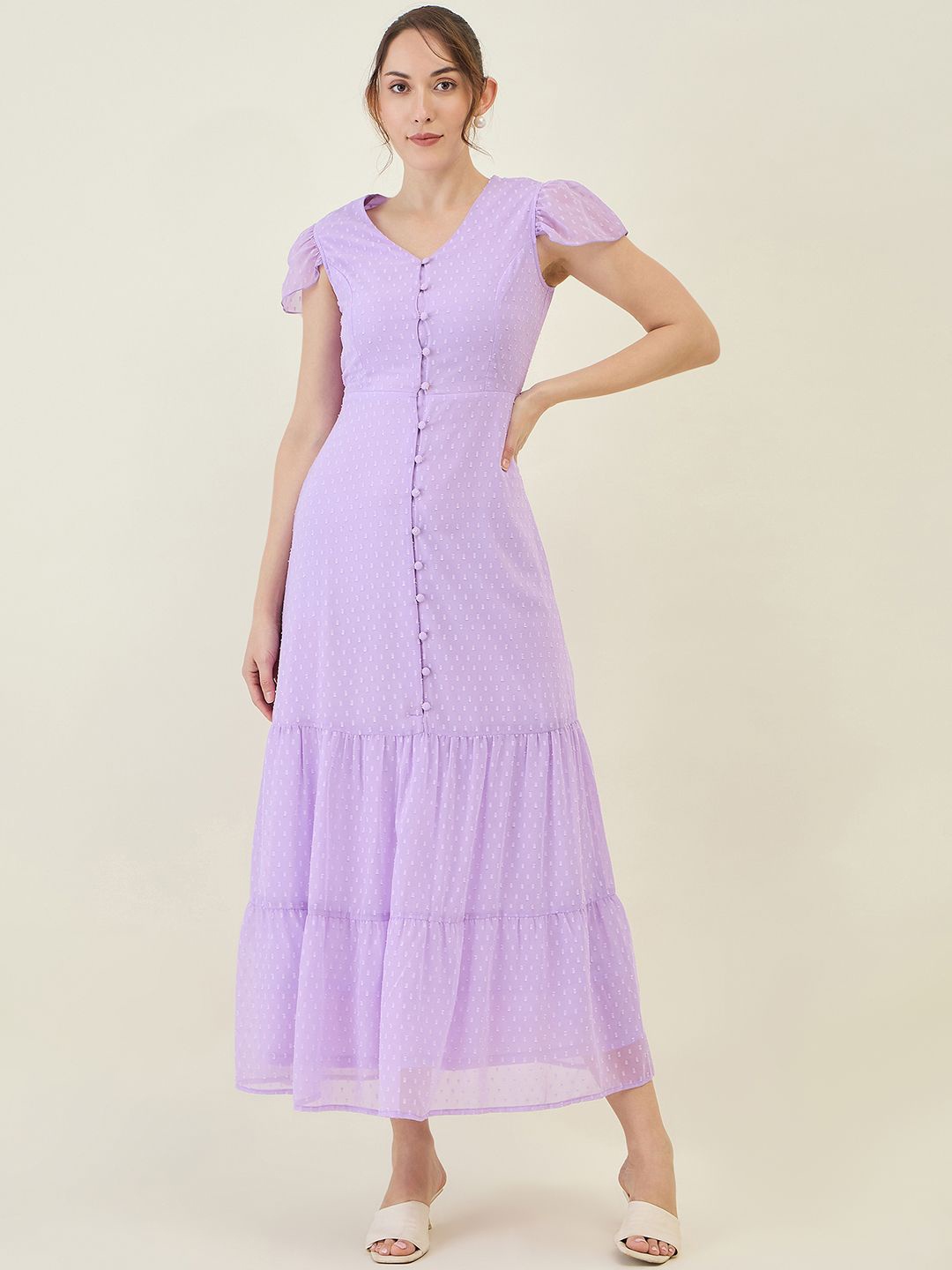 

aayu Women Self Design Layered Georgette Drop-Waist Maxi Dress, Purple