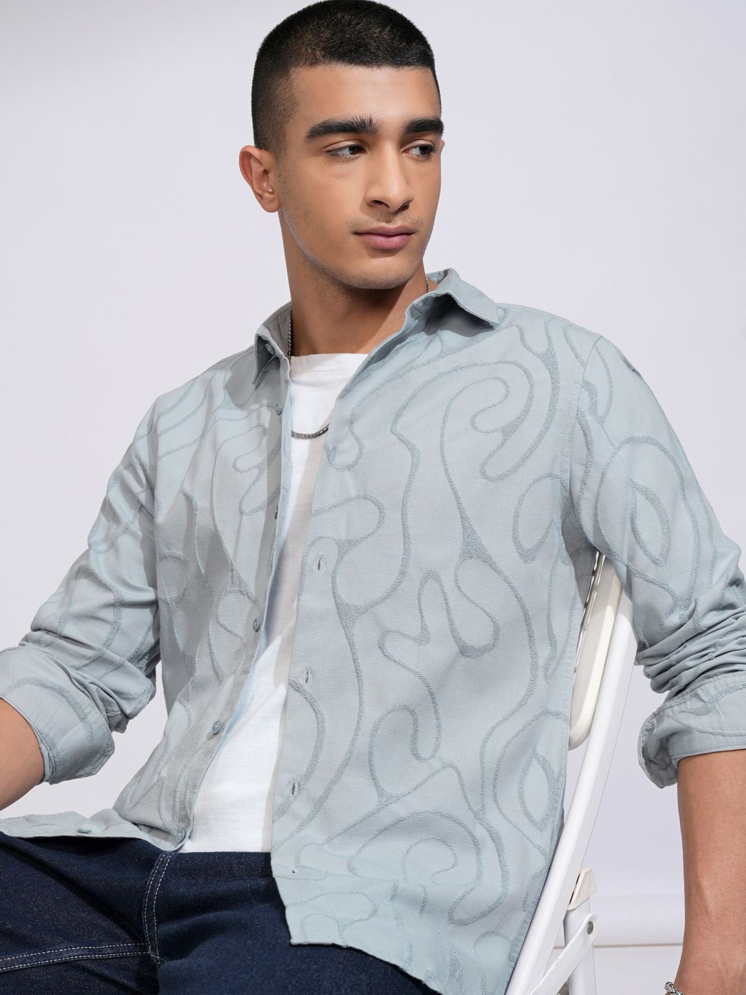 

HIGHLANDER Men Spread Collar Textured Cotton Casual Shirt, Blue