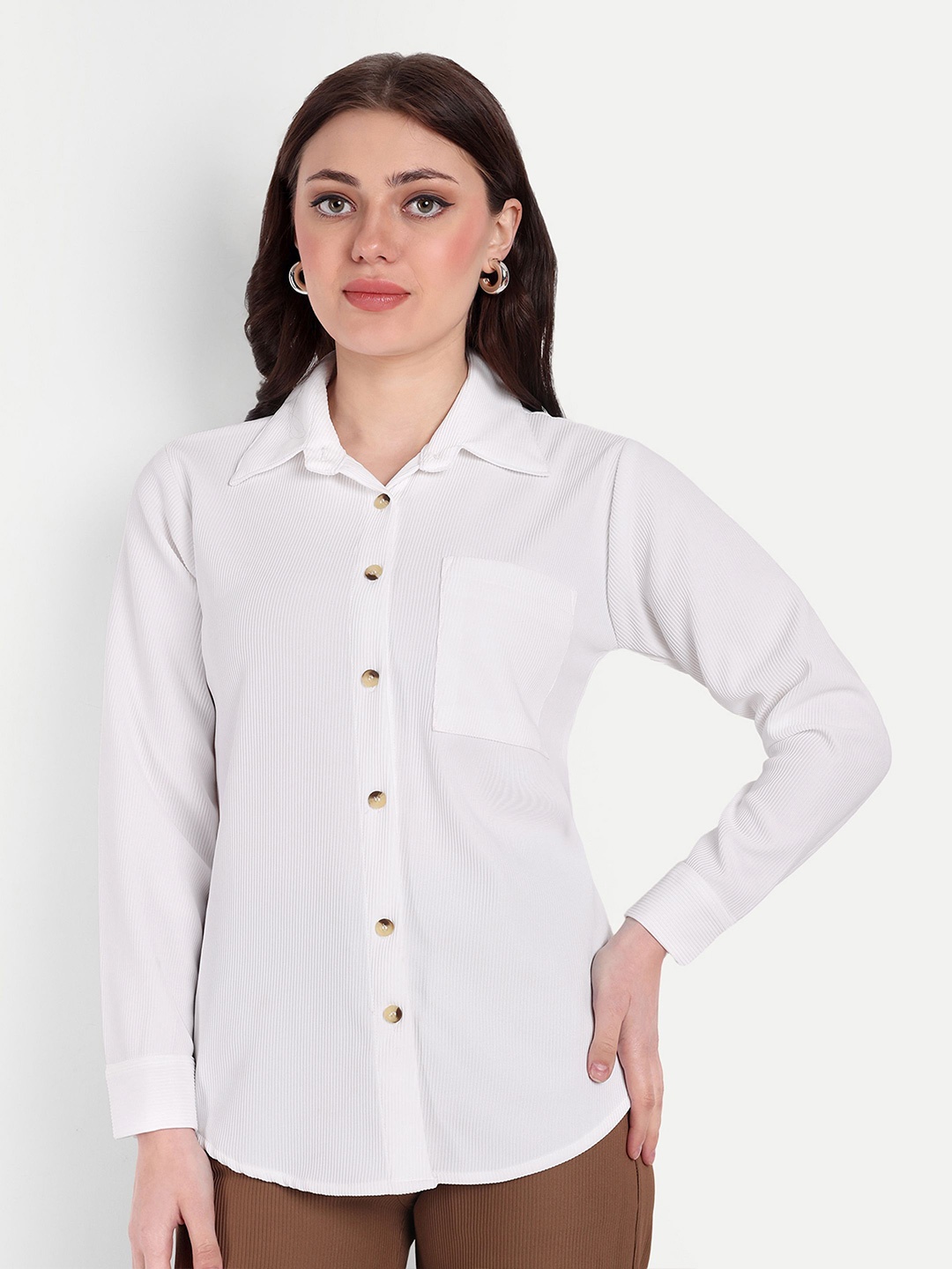 

FNOCKS Women Classic Fit Spread Collar Vertical Striped Cotton Casual Shirt, White