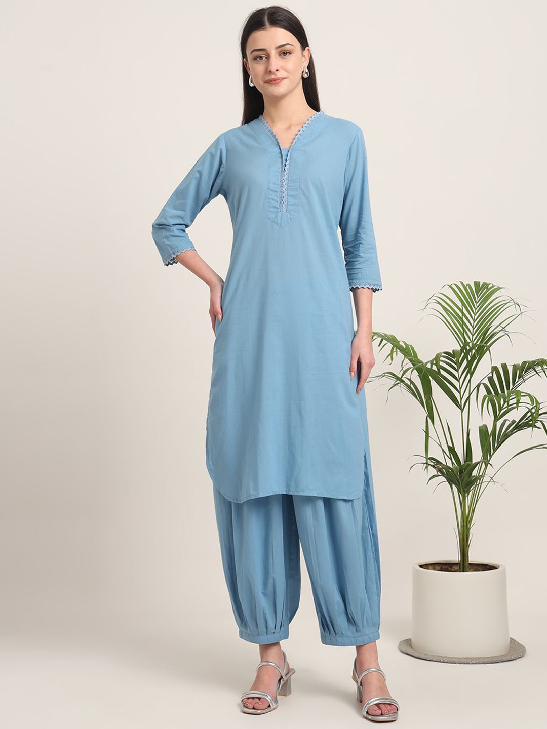 

Thevasa V-Neck Pure Cotton Tunic With Trousers, Blue