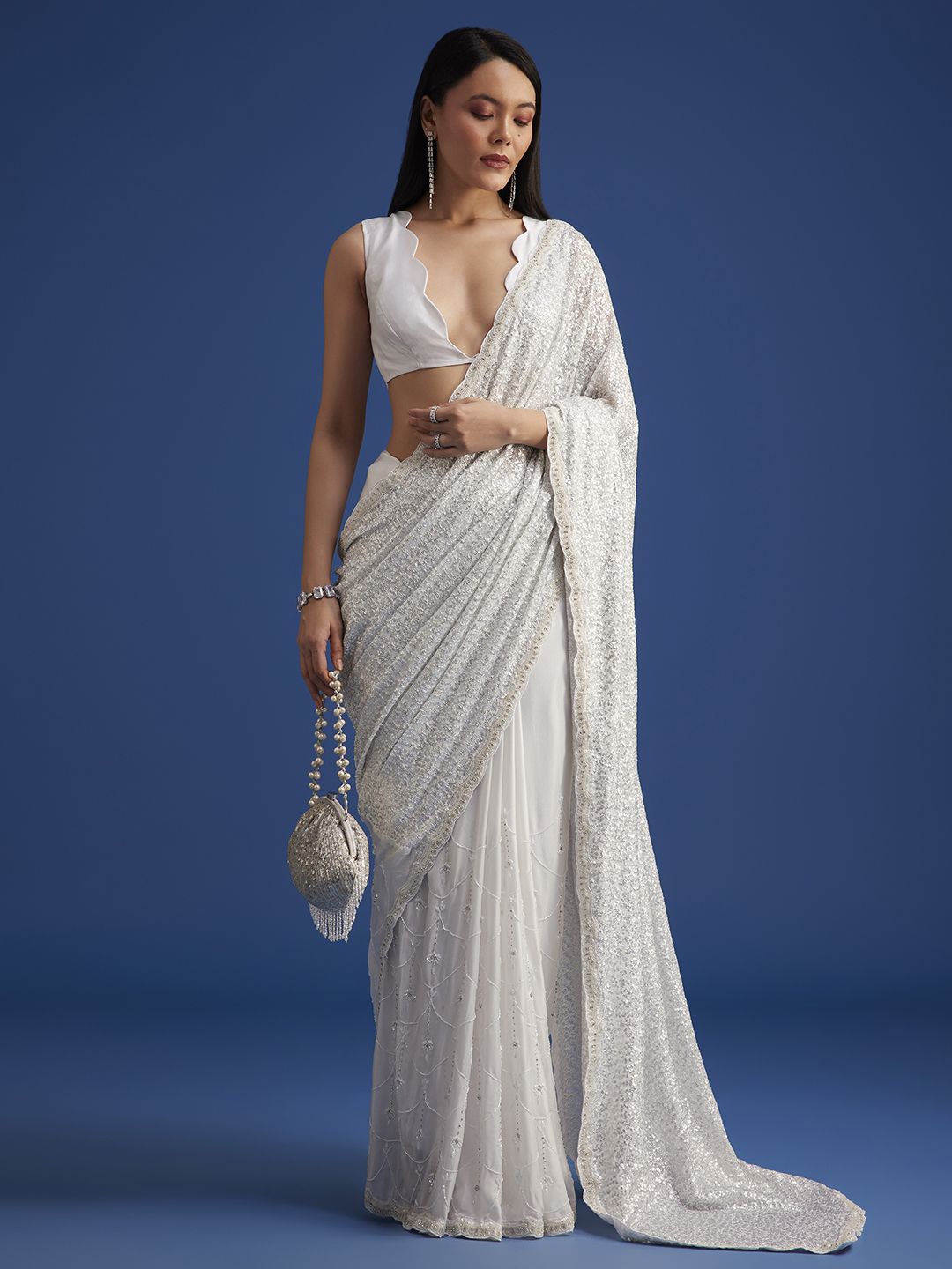 

KALKI Fashion Embellished Sequinned Net Saree, White