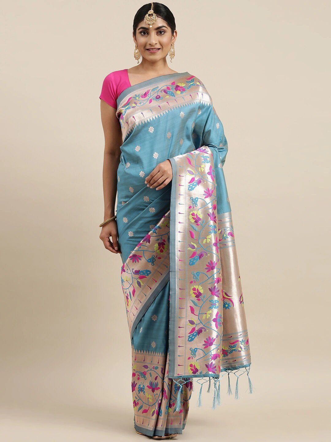 

DIVASTRI Woven Design Zari Paithani Saree, Turquoise blue