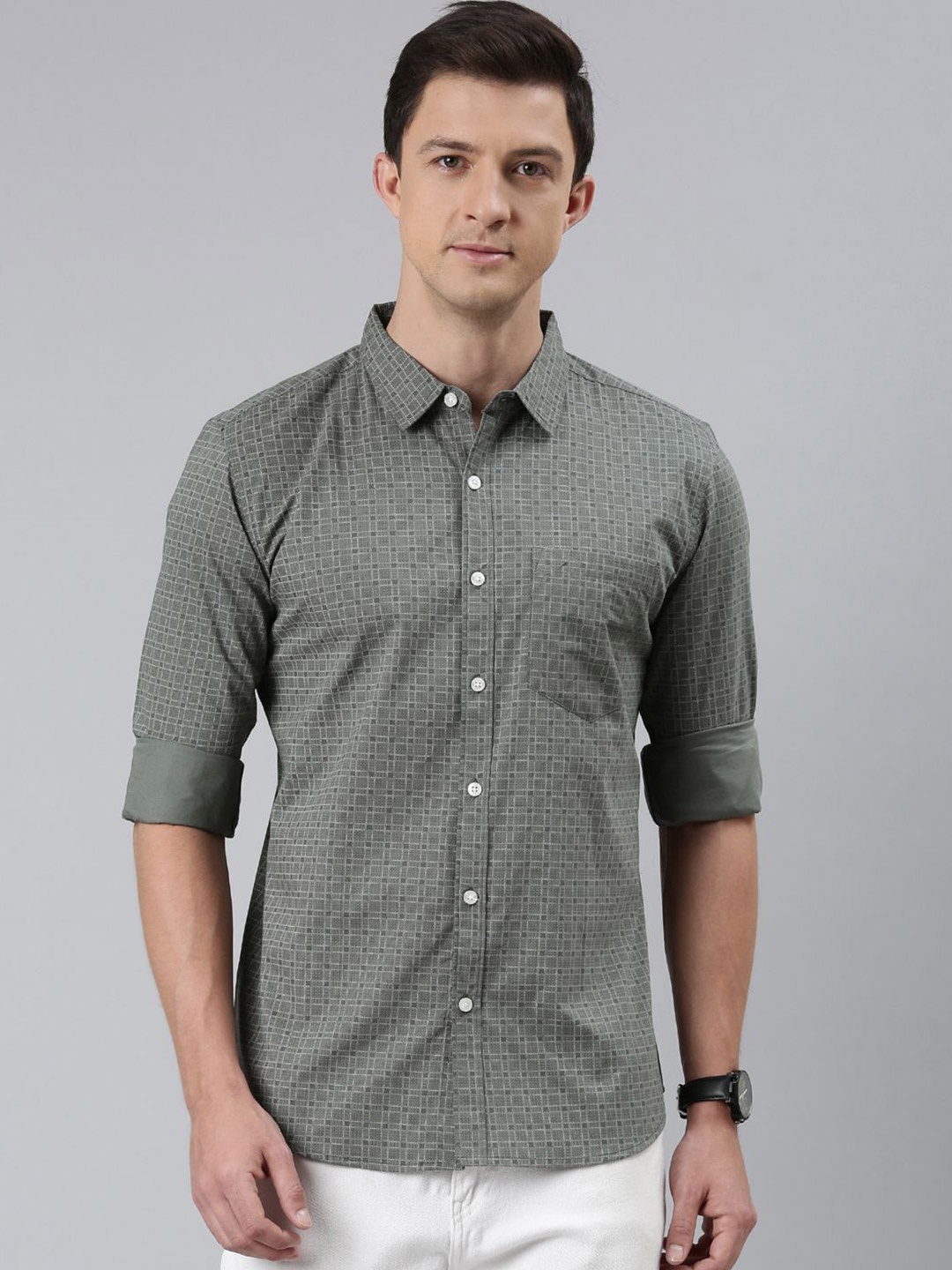 

Provogue Men Opaque Printed Casual Shirt, Olive