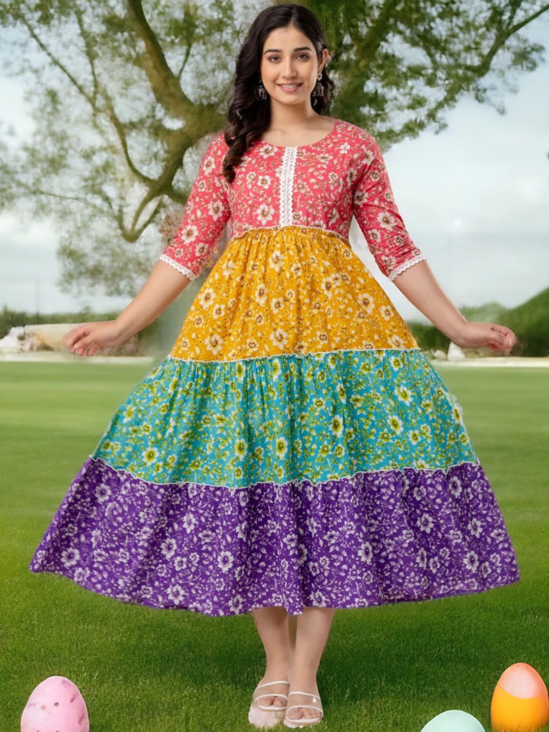 

Henal Floral Printed Round Neck Tierd Pure Cotton Anarkali Maternity Kurta, Yellow
