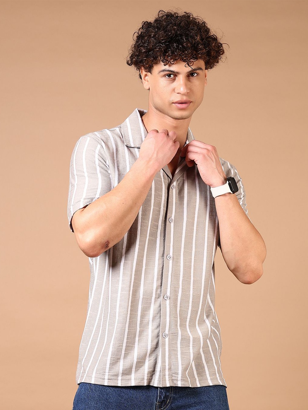 

V-Mart Men Cuban Collar Vertical Striped Cotton Casual Shirt, Grey